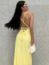 Load image into Gallery viewer, Summer Backless Lace up Solid Yellow Long Dress