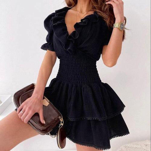 Woman Sexy Black V neck Ruffles Short sleeve Dress Female Stylish Slim - Sophornlilly