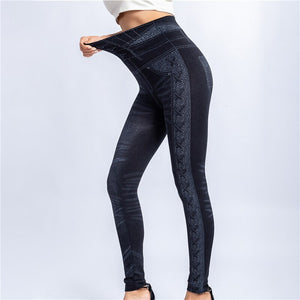 Women Imitation Distressed Denim Jeans Leggings Casual High Waist