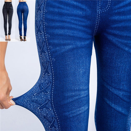 Women Imitation Distressed Denim Jeans Leggings Casual High Waist