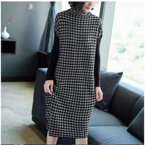 Houndstooth Knitting Stretch Sweater Dress