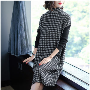 Houndstooth Knitting Stretch Sweater Dress