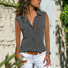 Load image into Gallery viewer, Women Blusas Sleeveless Solid Turn Down Collar Pockets Button Front