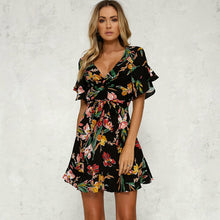 Load image into Gallery viewer, Boho Short Mini Dress Summer Floral Printed V-neck Bow Knot