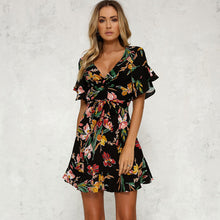 Load image into Gallery viewer, Boho Short Mini Dress Summer Floral Printed V-neck Bow Knot