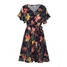 Load image into Gallery viewer, Boho Short Mini Dress Summer Floral Printed V-neck Bow Knot