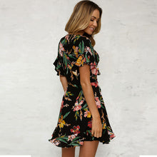 Load image into Gallery viewer, Boho Short Mini Dress Summer Floral Printed V-neck Bow Knot