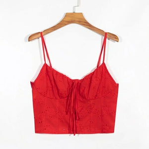 Women Button Through Ruched Cami Top With Lace and Embroidery