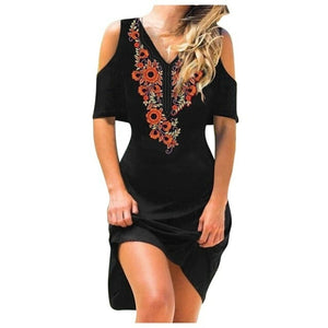 Women Casual Floral Print Dress V Neck Cold Shoulder Long Sleeve Slim - Sophornlilly