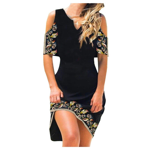 Women Casual Floral Print Dress V Neck Cold Shoulder Long Sleeve Slim - Sophornlilly