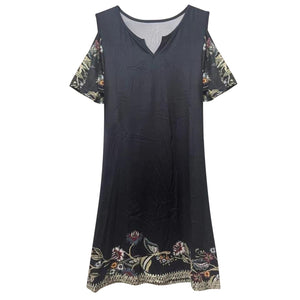 Women Casual Floral Print Dress V Neck Cold Shoulder Long Sleeve Slim - Sophornlilly