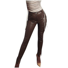 Load image into Gallery viewer, Women Casual Pockets Slim Fit Pants Leather Small Feet Split Zip Long