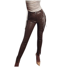 Load image into Gallery viewer, Women Casual Pockets Slim Fit Pants Leather Small Feet Split Zip Long