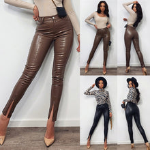 Load image into Gallery viewer, Women Casual Pockets Slim Fit Pants Leather Small Feet Split Zip Long