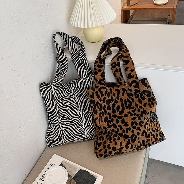 Women Corduroy Handbags Zebra Leopard Pattern Shoulder Bag Large