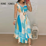 Women Elegant Dress  Tropical Print V Neck Tie Up Maxi Dress With Belt