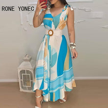 Load image into Gallery viewer, Women Elegant Dress  Tropical Print V Neck Tie Up Maxi Dress With Belt