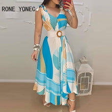 Load image into Gallery viewer, Women Elegant Dress  Tropical Print V Neck Tie Up Maxi Dress With Belt