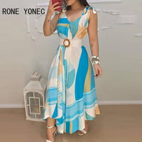 Women Elegant Dress  Tropical Print V Neck Tie Up Maxi Dress With Belt