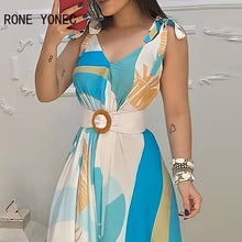 Load image into Gallery viewer, Women Elegant Dress  Tropical Print V Neck Tie Up Maxi Dress With Belt