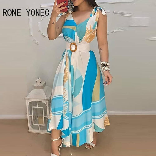 Women Elegant Dress  Tropical Print V Neck Tie Up Maxi Dress With Belt