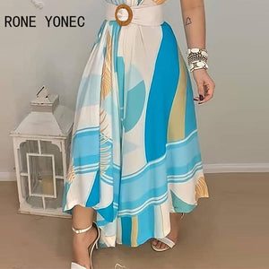 Women Elegant Dress  Tropical Print V Neck Tie Up Maxi Dress With Belt