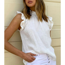 Load image into Gallery viewer, Elegant Sleeveless Blouse Solid Color Ruffle Trim Crew