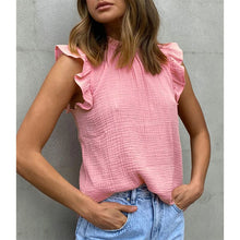 Load image into Gallery viewer, Elegant Sleeveless Blouse Solid Color Ruffle Trim Crew