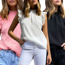 Load image into Gallery viewer, Elegant Sleeveless Blouse Solid Color Ruffle Trim Crew