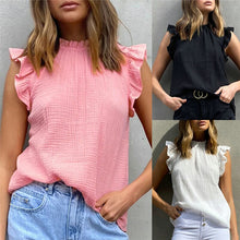 Load image into Gallery viewer, Elegant Sleeveless Blouse Solid Color Ruffle Trim Crew