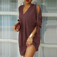 Women Elegant V Neck Party Dress Sexy Women Hollow Out Sleeve Loose