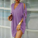 Women Elegant V Neck Party Dress Sexy Women Hollow Out Sleeve Loose