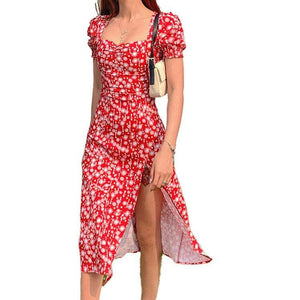 Women Floral Print Red Dress Summer Elegant Square Collar Puff Sleeve - Sophornlilly