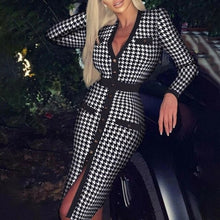 Load image into Gallery viewer, Women Houndstooth Print Split Dress Sexy Deep V neck Button Party - Sophornlilly