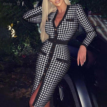 Load image into Gallery viewer, Women Houndstooth Print Split Dress Sexy Deep V neck Button Party - Sophornlilly