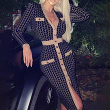 Load image into Gallery viewer, Women Houndstooth Print Split Dress Sexy Deep V neck Button Party - Sophornlilly