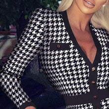 Load image into Gallery viewer, Women Houndstooth Print Split Dress Sexy Deep V neck Button Party - Sophornlilly