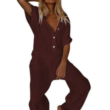 Load image into Gallery viewer, Women Jumpsuit Elegant Button V Neck Cotton Linen Jumpsuits