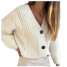 Load image into Gallery viewer, Women Sweater Retro V neck Slim Knitted Cardigan Open Front