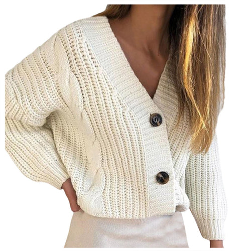 Women Sweater Retro V neck Slim Knitted Cardigan Open Front