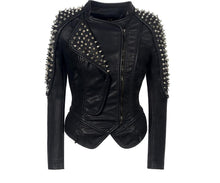 Load image into Gallery viewer, Women Leather Jacket New Spikes Stars Slim Bi metal Silver Rivet