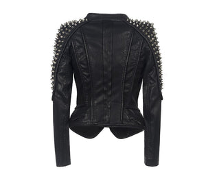 Women Leather Jacket New Spikes Stars Slim Bi metal Silver Rivet