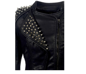 Women Leather Jacket New Spikes Stars Slim Bi metal Silver Rivet