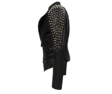 Load image into Gallery viewer, Women Leather Jacket New Spikes Stars Slim Bi metal Silver Rivet