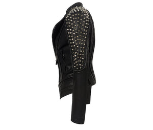 Women Leather Jacket New Spikes Stars Slim Bi metal Silver Rivet