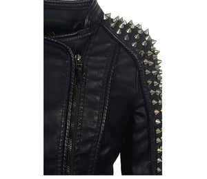 Women Leather Jacket New Spikes Stars Slim Bi metal Silver Rivet