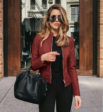 Load image into Gallery viewer, Women Leather Jacket Zipper Spring Solid Color Long Sleeve Pu