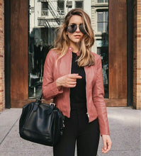 Load image into Gallery viewer, Women Leather Jacket Zipper Spring Solid Color Long Sleeve Pu