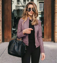 Load image into Gallery viewer, Women Leather Jacket Zipper Spring Solid Color Long Sleeve Pu