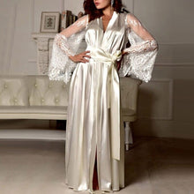 Load image into Gallery viewer, Women Long Sleeve Silk Sleepwear Nightgown Set Sexy Perspective Mesh